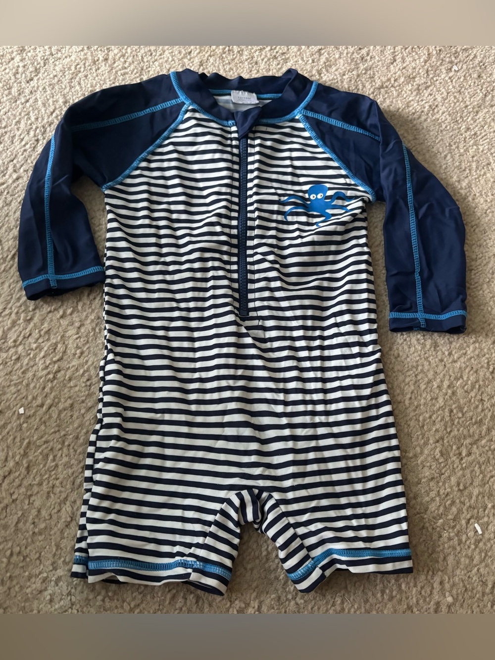 Blue White Striped Baby Boy One Piece Swimsuit Romper Size 12-18M